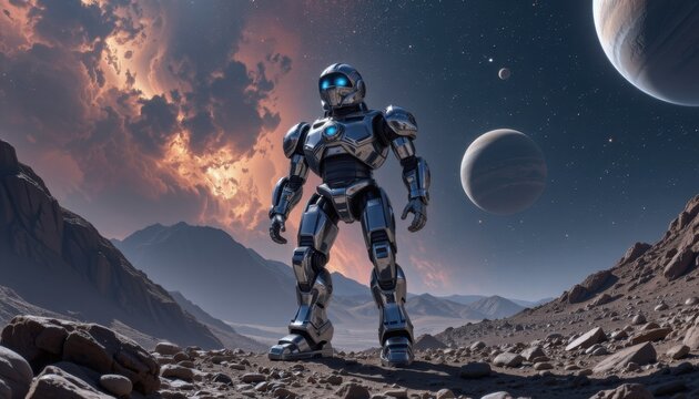 Futuristic robot exploration on alien planet digital art sci-fi environment cosmic viewpoint