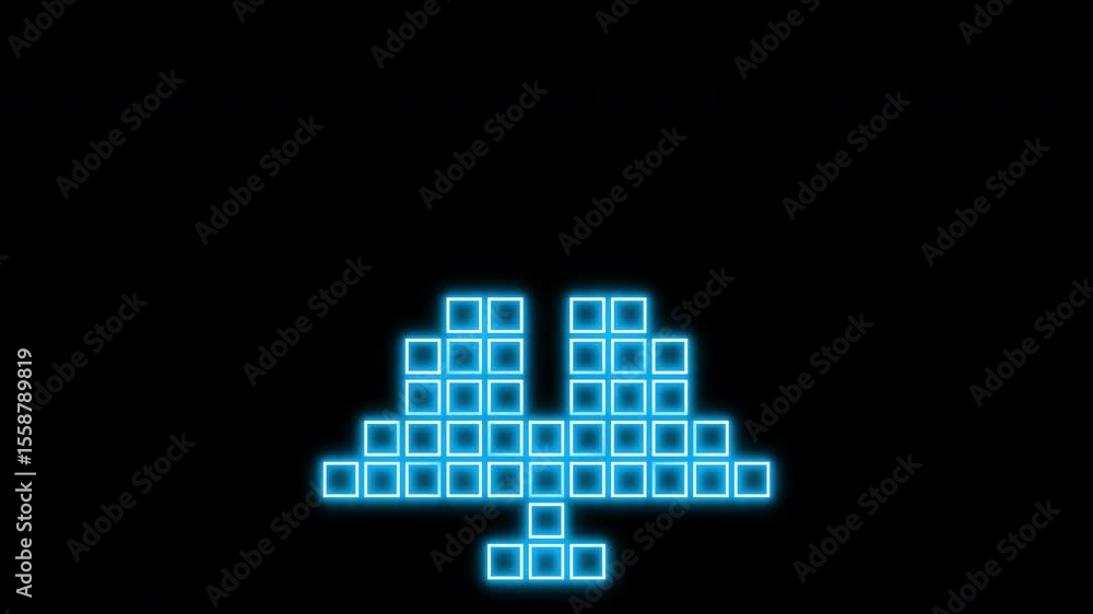 Poster christmas tree made of falling glowing blocks – futuristic retro pixel style animation