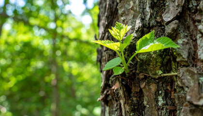 Fototapeta premium Young plant with bright green leaves sprouting from tree trunk. Resilience and new life.