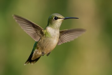 Tiny hummingbird flying in natural habitat. Wild bird hovering with spread wings. Delicate creature in motion, representing agility and freedom.