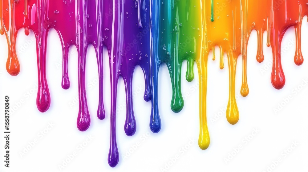 Poster vibrant rainbow-colored paint drips flow downwards on a white background, creating a dynamic and col