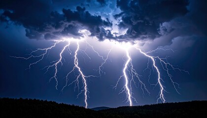 Ultra-Realistic Night Sky Scene with Intense Thunderstorms, Vivid Lightning Bolts Splitting Dark Clouds, Pouring Rain, Illuminated Skies, and Cinematic High-Contrast Lighting