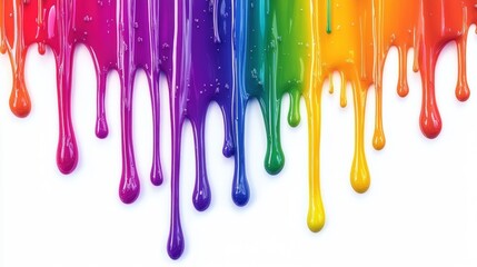 Vibrant rainbow-colored paint drips flow downwards on a white background, creating a dynamic and colorful abstract effect.