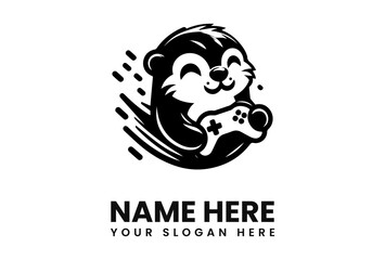 Smiling cartoon otter joyfully holding a video game controller, dynamic logo design.