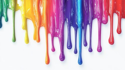 Vibrant rainbow-colored paint drips flowing down on a white background, blending colors from green to red in a visually striking pattern.