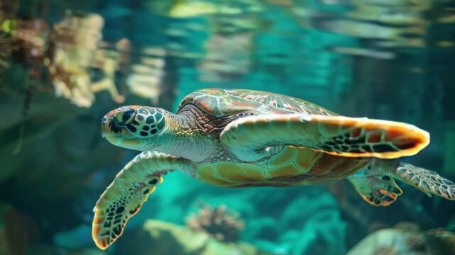 A sea turtle gracefully swims in crystal-clear water, showcasing intricate patterns on its shell