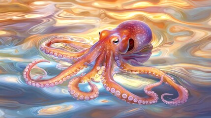 Fototapeta premium Vibrant Octopus Swimming in Colorful Swirling Ocean Waters