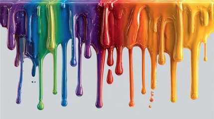 Vibrant rainbow-colored paint dripping down a white surface, blending hues from purple to yellow in a smooth, glossy texture.