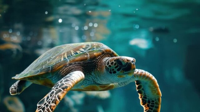 Sea turtle gracefully swimming underwater.  The turtle's shell is beautifully patterned, and its movements are smooth and elegant. The surrounding water is a vibrant teal.
