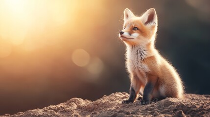 Adorable Red Fox Kit Sitting on Ground with Golden Sunset Background