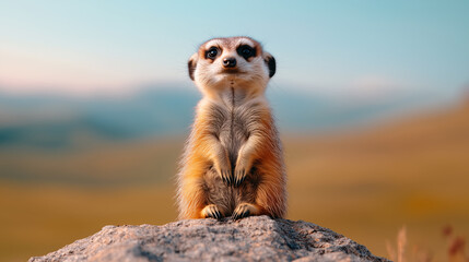 meerkat standing on a rock again blue sky 