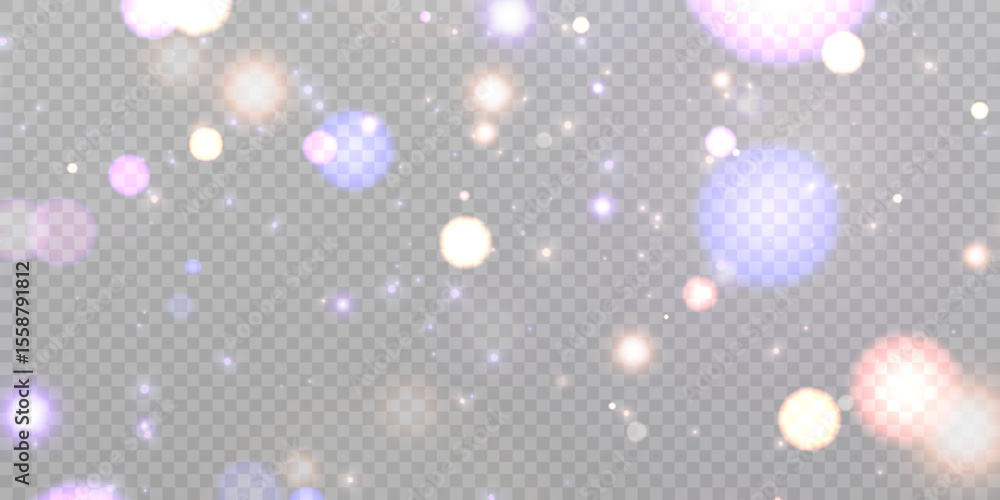 Poster A bokeh and glitter effect of glowing pastel colored particles floating on a transparent PNG background. Perfect for fantasy visuals, magical effects, UI overlays and ethereal compositions.