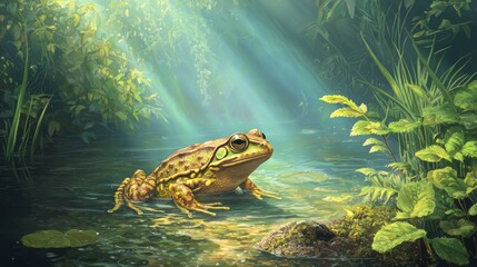 Serene Frog Sitting on Lily Pad in Lush Green Pond Environment