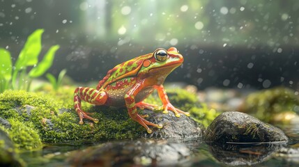Colorful Red Eyed Tree Frog on Mossy Stone in Vibrant Rainforest