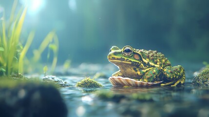 Frog on a Leaf by the Water Surface with Green Background