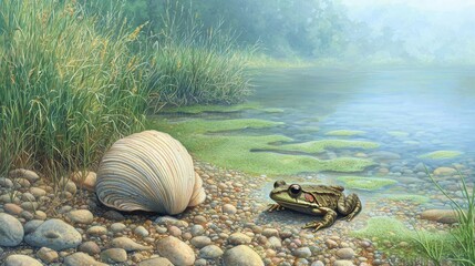 Frog and Shell at Misty Riverbank with Verdant Grass and Stones