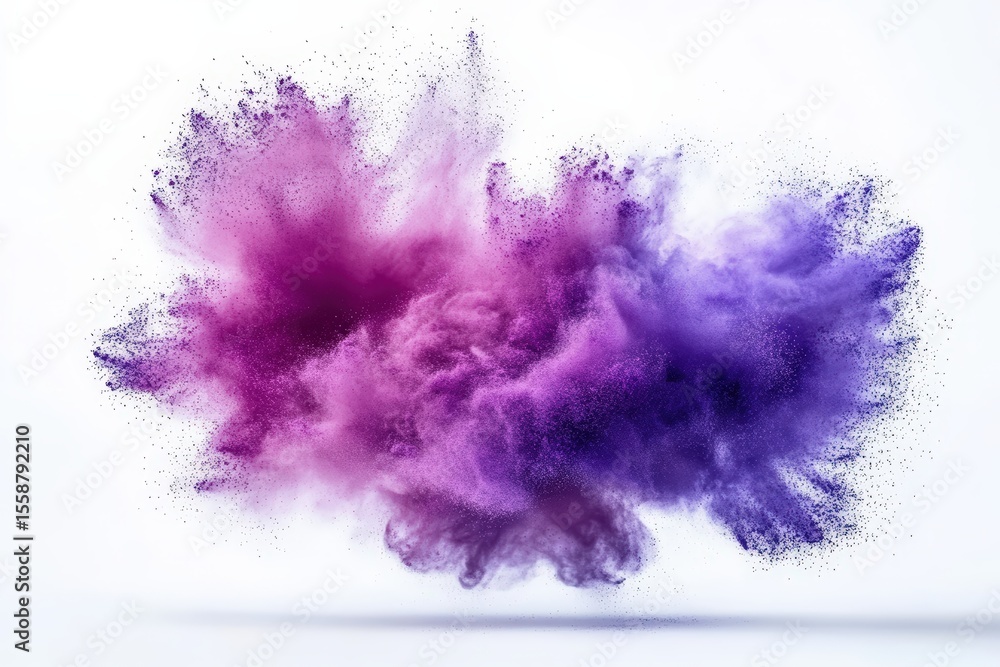 Poster a vibrant cloud of purple and violet powder explodes against a white background, creating a dynamic 