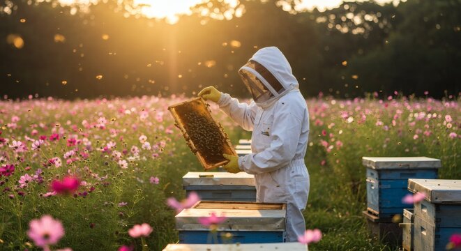 Beekeeper harvests honey in cosmos field at sunset Golden light.