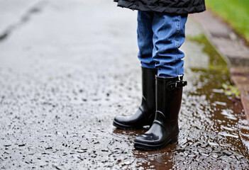 Close-up of a child wearing rubber boots walking on the sidewalk after the rain