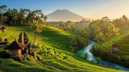Stunning Sunrise over Lush Rice Terraces and Serene River in Bali © tyt.production