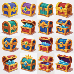 Collection of colorful fantasy treasure chests filled with sparkling blue gems and jewels