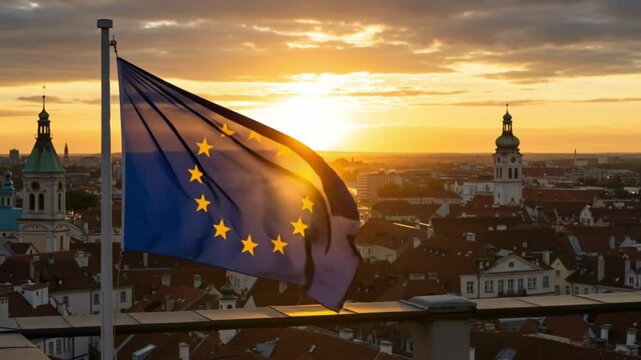 European Union flag waving against sunset skyline in city  