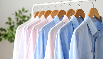 Obraz premium Stylish pastel colored shirts hanging on wooden hangers. Clothing store. Casual fashion.