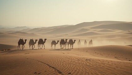 Fototapeta premium Camel Caravan Crossing the Desert A Wide Shot of Dunes and Heat Haze