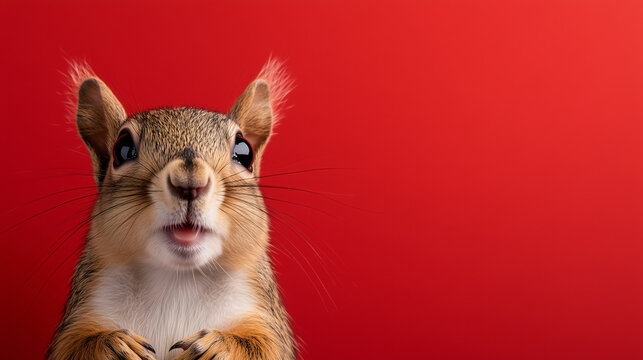 A squirrel standing on its hind legs, tail puffed out behind it, against a vibrant red backdrop
