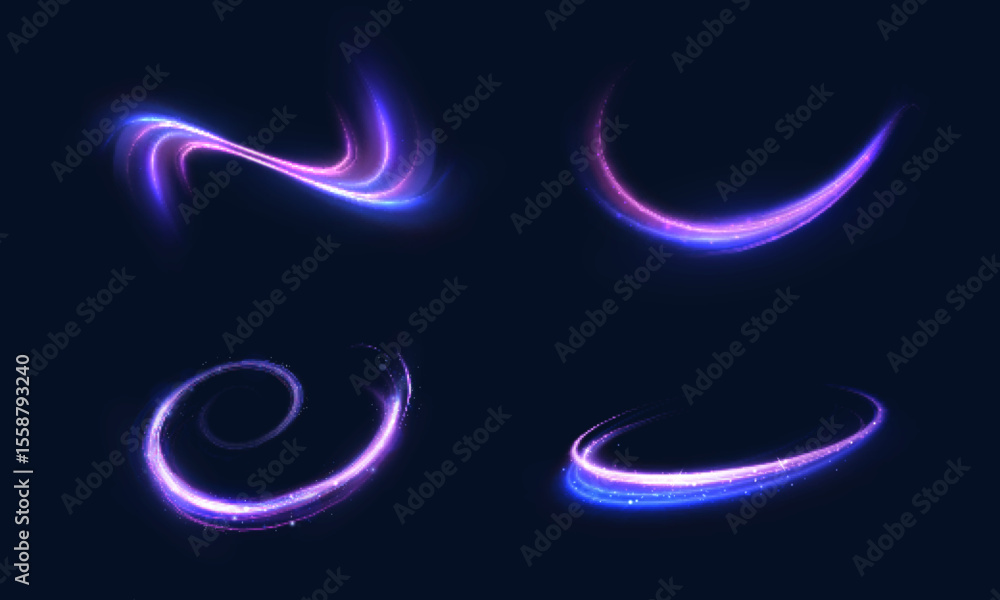 Poster Shiny bright purple glowing curved line with magical light effect. Glow effect for game interface design on black background.	