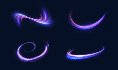 Shiny bright purple glowing curved line with magical light effect. Glow effect for game interface design on black background.	