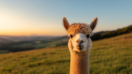 Obraz premium A fluffy alpaca llama standing in a grassy field again green mountains and blue sky 