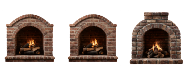 Cozy interior with an old wooden door and a burning wood stove in a rustic brick fireplace, warming the living room for winter