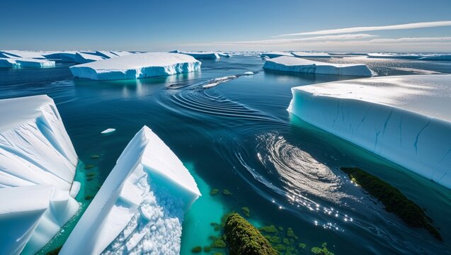 Spectacular aerial view of icebergs floating in the arctic ocean under a clear blue sky.