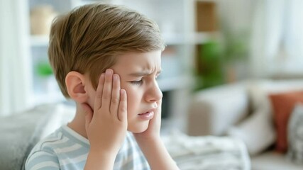 Sad little boy holding his head suffering from migraine. Headache in children. home interior with copy space