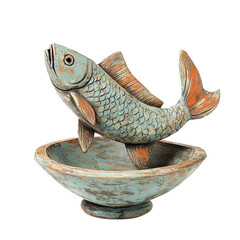 Fototapeta premium Ornate fish sculpture leaping over a rustic bowl decorative art piece
