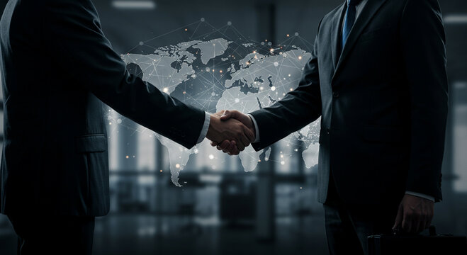 Business handshake over world map network representing international business partnership