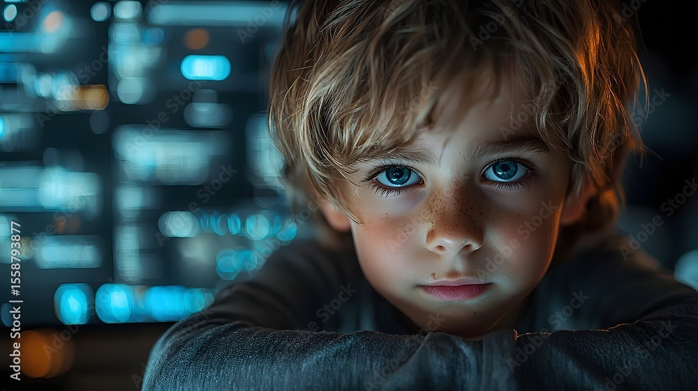 Aufkleber curious child exploring high tech security system