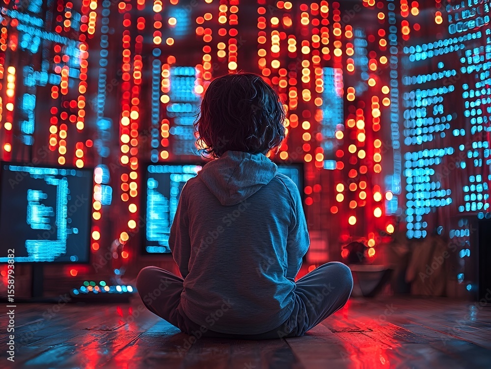 Aufkleber child hacker immersed in a digital landscape of flashing code