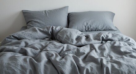 Cozy Gray Linen Bed Relaxing Minimalist Bedroom Interior.