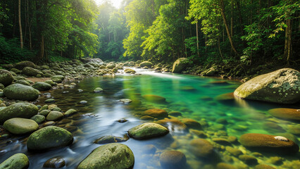 Obraz premium Serene Emerald River Flowing Through Lush Green Rainforest