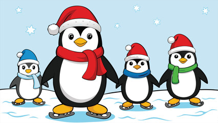 Cute Penguin Family Ice Skating In Santa Hats.