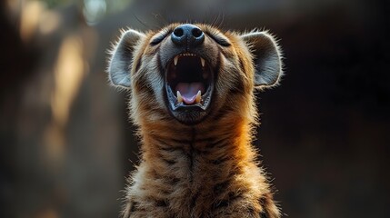 Laughing hyena mid cackle mouth wide open with curled tongue