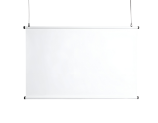 A clean, blank white projection screen or banner hangs ready for your custom message or presentation.