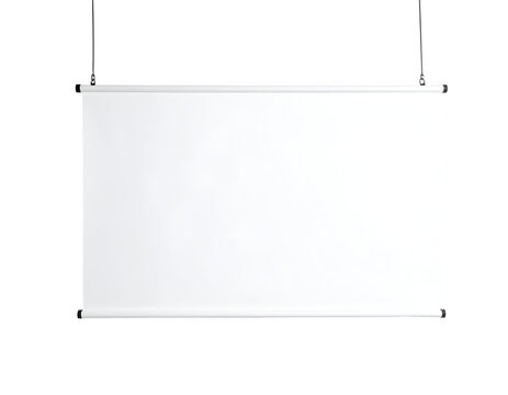 A clean, blank white projection screen or banner hangs ready for your custom message or presentation.