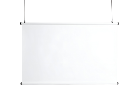 A clean, blank white projection screen or banner hangs ready for your custom message or presentation.