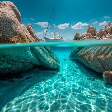 Here's high-quality SEO metadata for this image, suitable for platforms like Adobe Stock:

Title: Underwater and Overwater View of Clear Ocean with Sailboat and Rocks

