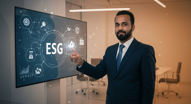 Businessman presenting esg concept on a screen in office environment