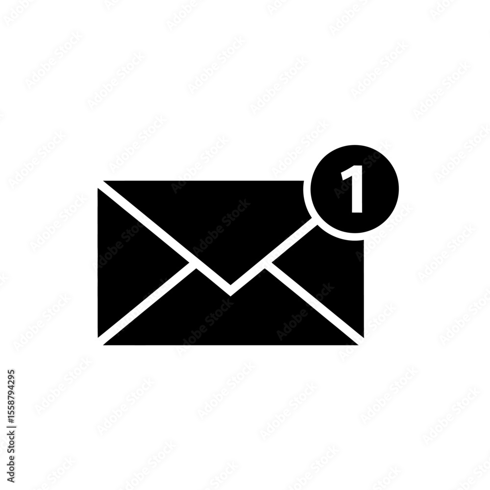Poster black and white illustration of an envelope with a notification bubble showing a single new message