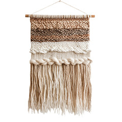 Fototapeta premium Woven wall hanging with beige and brown stripes and long fringe